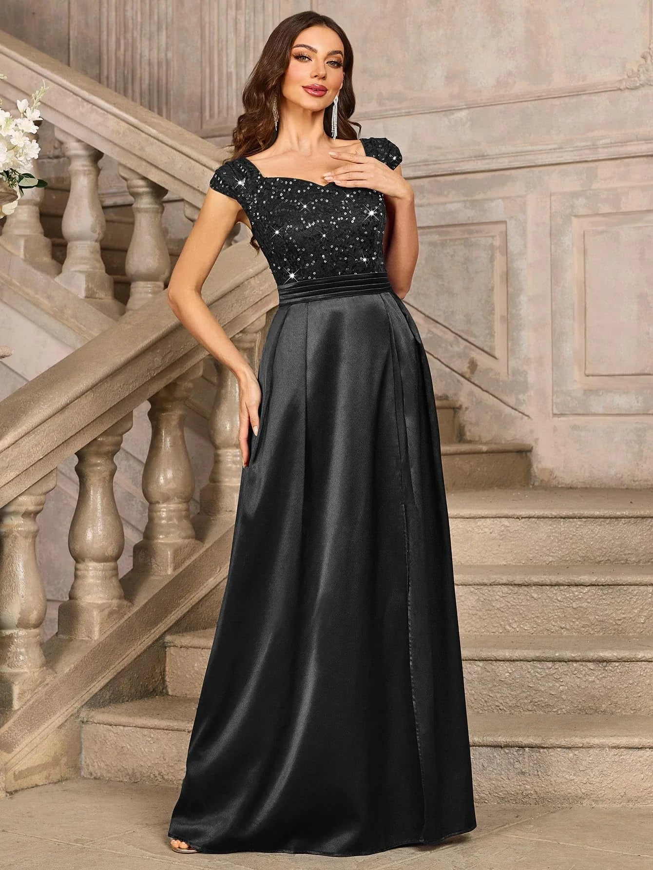 Elegant A-Line V Neck Cap Sleeve Backless Floor-Length Side Slit prom dress for women
