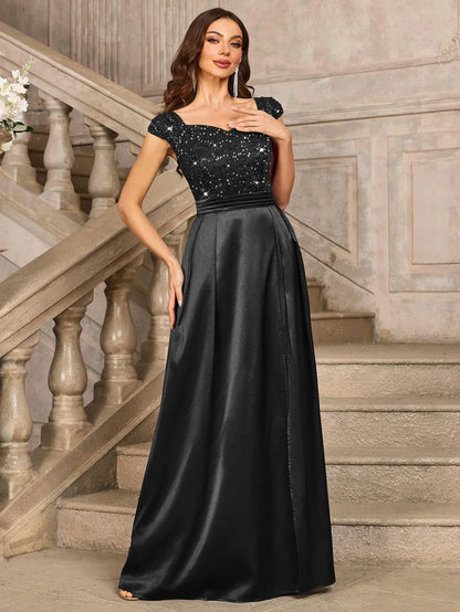 Elegant A-Line V Neck Cap Sleeve Backless Floor-Length Side Slit prom dress for women