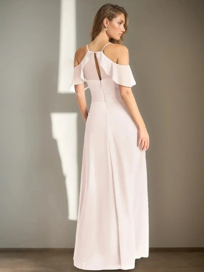 Elegant A-Line V Neck Short Sleeve Back Zip Floor-Length Side Slit Evening dress for women