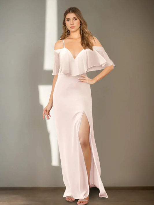 Elegant A-Line V Neck Short Sleeve Back Zip Floor-Length Side Slit Evening dress for women