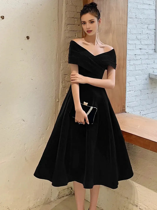 Elegant A-Line V Neck Short Sleeve Crisscross Back Tea-Length Homecoming Dress for female guests