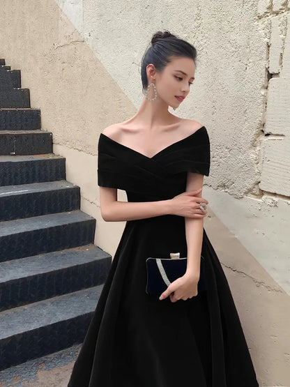Elegant A-Line V Neck Short Sleeve Crisscross Back Tea-Length Homecoming Dress for female guests