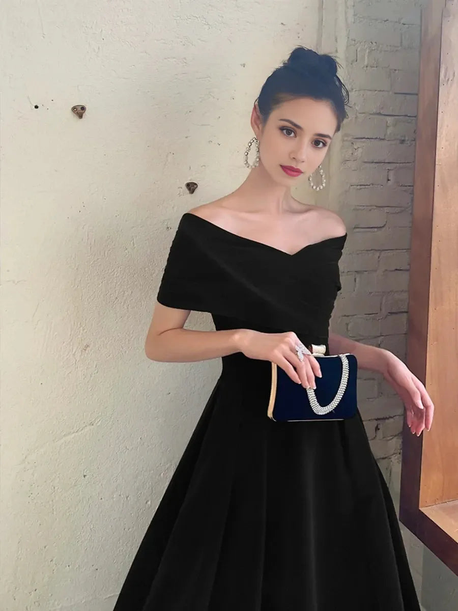 Elegant A-Line V Neck Short Sleeve Crisscross Back Tea-Length Homecoming Dress for female guests