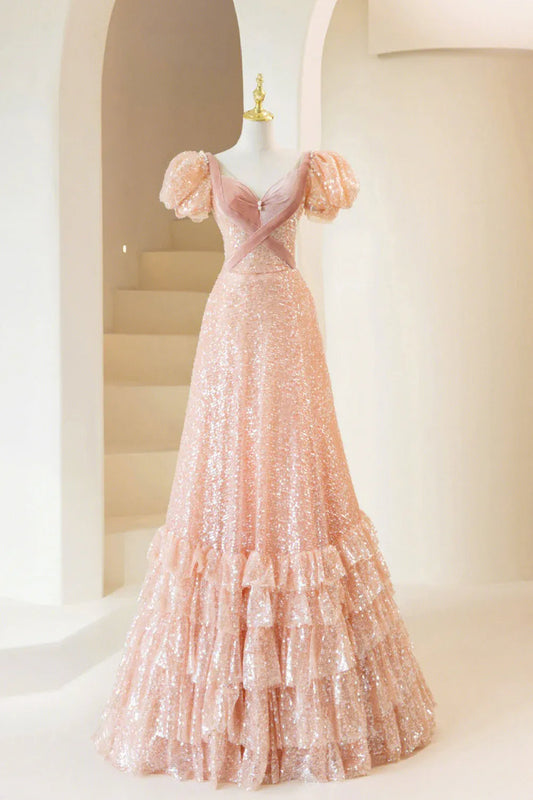 Elegant A-Line V Neck Short Sleeve Lace Up Floor-Length Prom Dress