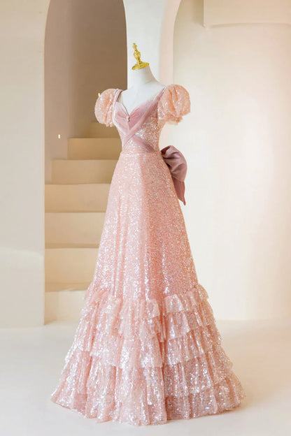 Elegant A-Line V Neck Short Sleeve Lace Up Floor-Length Prom Dress