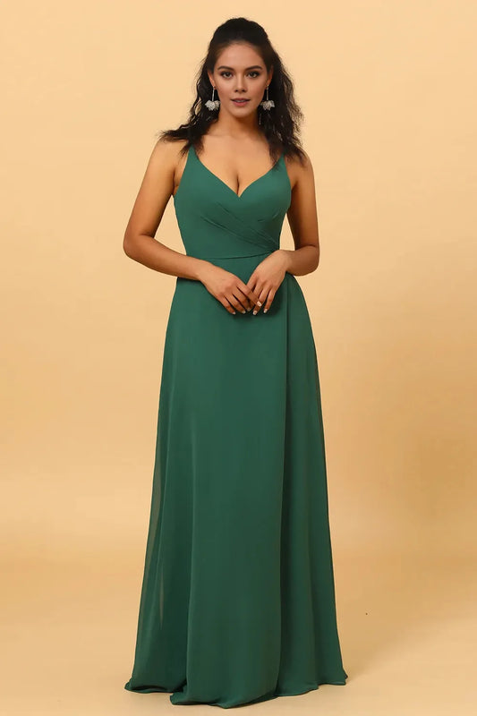 Elegant A-Line V Neck Sleeveless Back Zip Back Zip Floor-Length Side Slit Bridesmaid Dress for women