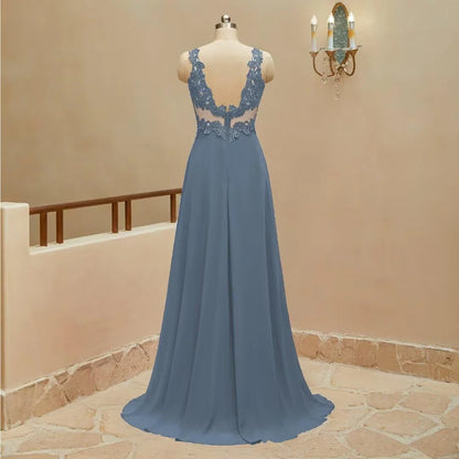 Elegant A-Line V Neck Sleeveless Back Zip Floor-Length Side Slit prom dress for women