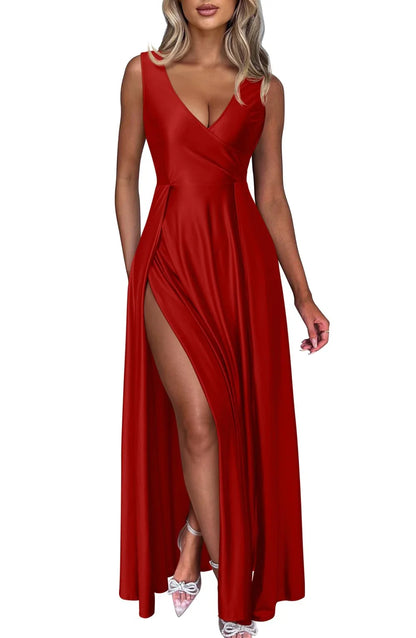 Elegant A-Line V Neck Sleeveless Back Zip Floor-Length Side Slit prom dress for women