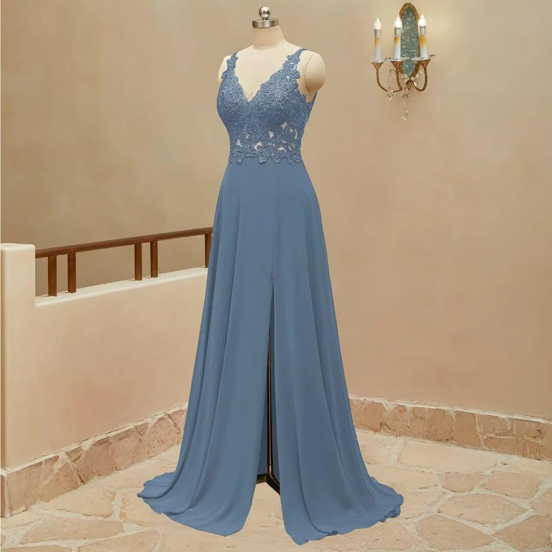 Elegant A-Line V Neck Sleeveless Back Zip Floor-Length Side Slit prom dress for women