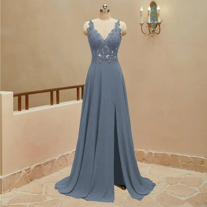 Elegant A-Line V Neck Sleeveless Back Zip Floor-Length Side Slit prom dress for women