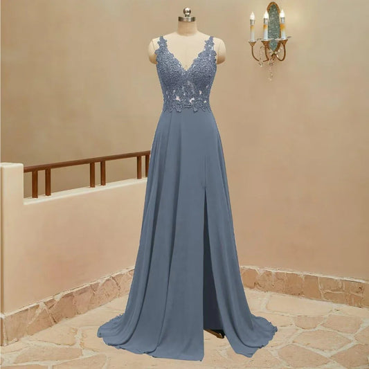Elegant A-Line V Neck Sleeveless Back Zip Floor-Length Side Slit prom dress for women