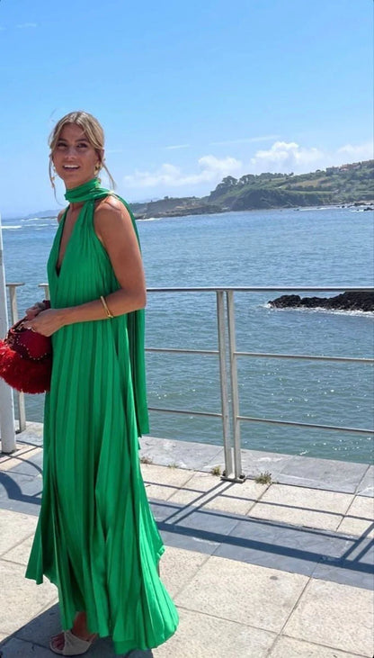 Elegant A-Line V Neck Sleeveless Backless Floor-Length Prom Dress