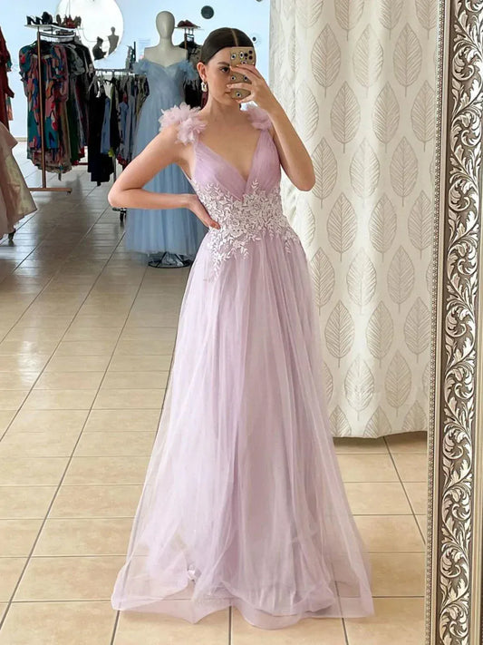 Elegant A-Line V Neck Sleeveless Backless Floor-Length Prom Dress