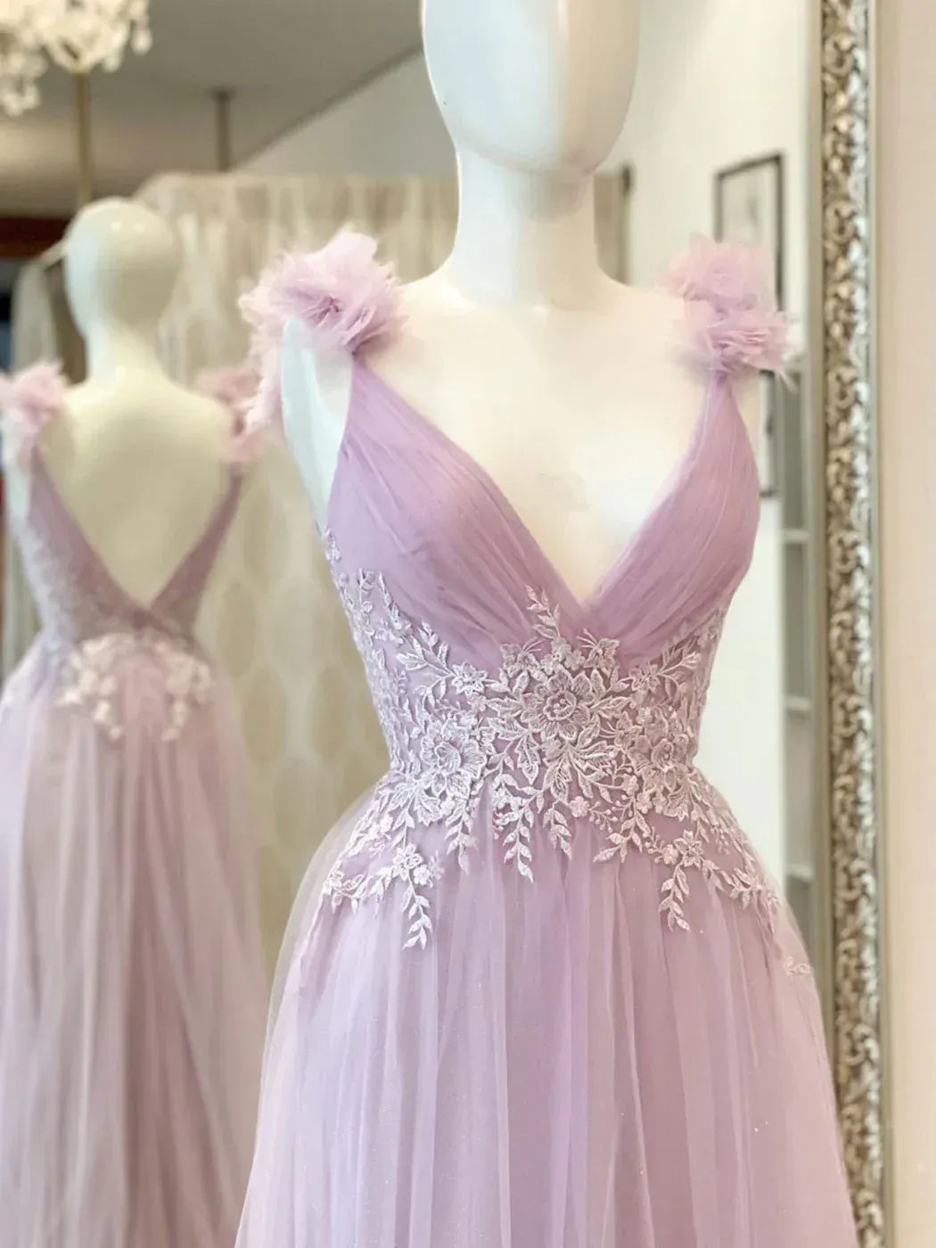 Elegant A-Line V Neck Sleeveless Backless Floor-Length Prom Dress
