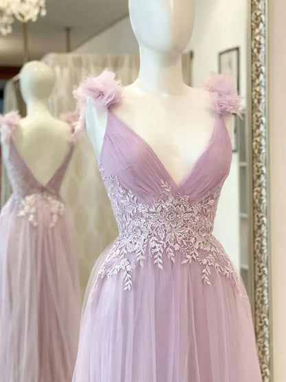 Elegant A-Line V Neck Sleeveless Backless Floor-Length Prom Dress