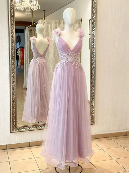 Elegant A-Line V Neck Sleeveless Backless Floor-Length Prom Dress