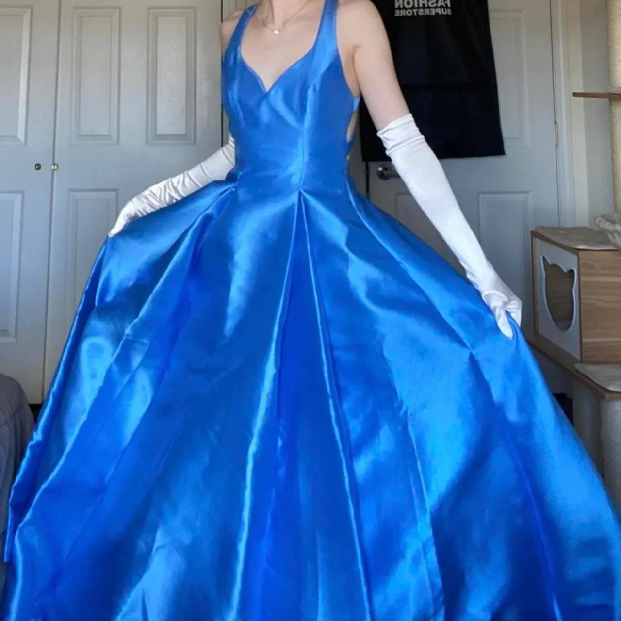 Elegant A-Line V Neck Sleeveless Backless Satin Floor-Length Prom Dress