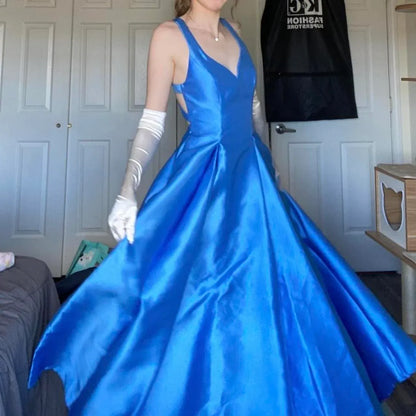 Elegant A-Line V Neck Sleeveless Backless Satin Floor-Length Prom Dress