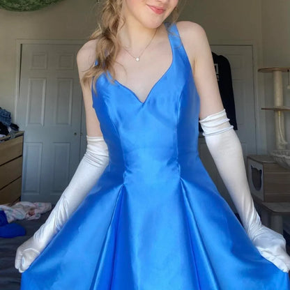 Elegant A-Line V Neck Sleeveless Backless Satin Floor-Length Prom Dress