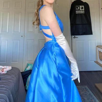 Elegant A-Line V Neck Sleeveless Backless Satin Floor-Length Prom Dress