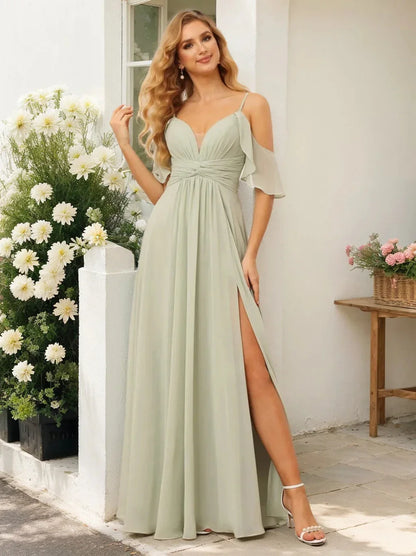Elegant A-Line V Neck Sleeveless Crisscross Back Floor-Length Side Slit Evening dress for women
