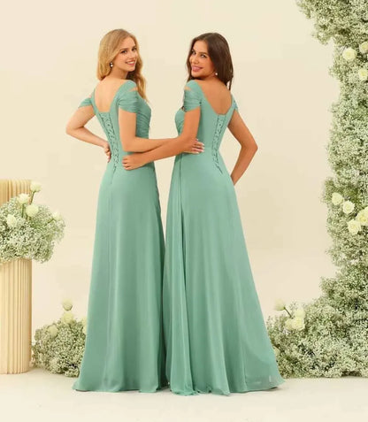 Elegant A-Line V Neck Sleeveless Crisscross Back Floor-Length Side Slit prom dress for women