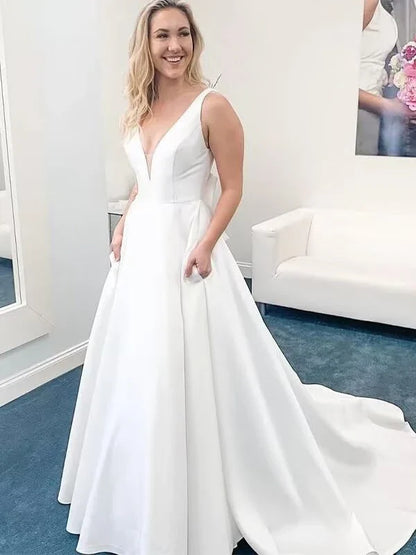 Elegant A-Line V Neck Sleeveless SweepBrush Train prom dress for women ready to ship