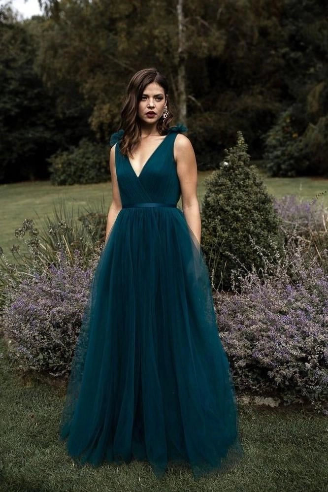 Elegant A-Line V Neck Sleeveless V Back Floor-Length Prom Dress