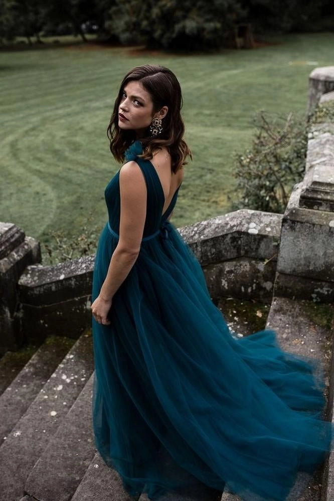 Elegant A-Line V Neck Sleeveless V Back Floor-Length Prom Dress