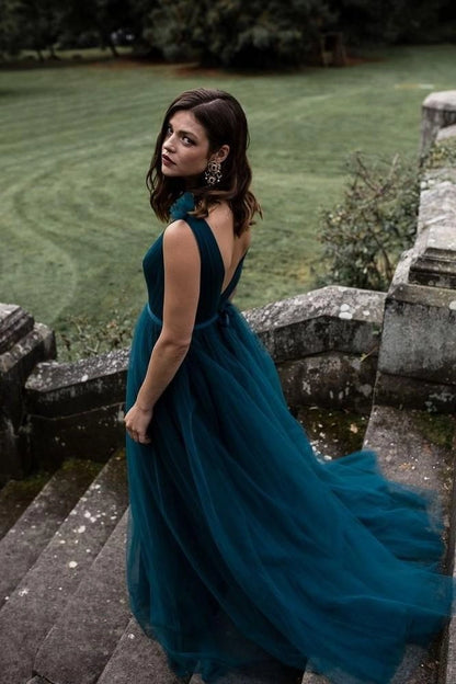 Elegant A-Line V Neck Sleeveless V Back Floor-Length Prom Dress