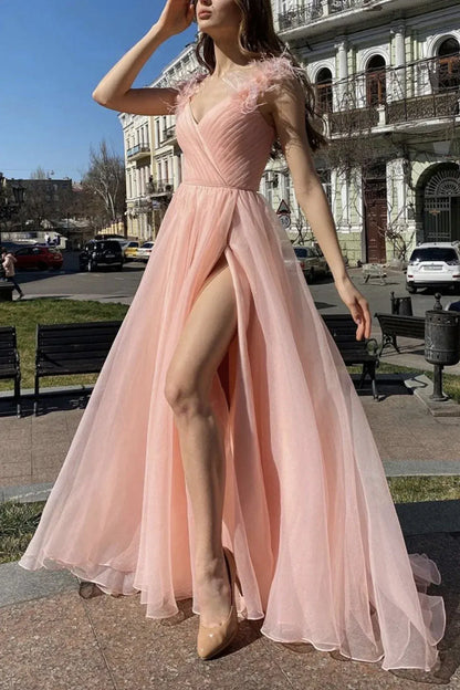 Elegant A-Line V Neck Sleeveless Zipper Up Floor-Length Prom Dress