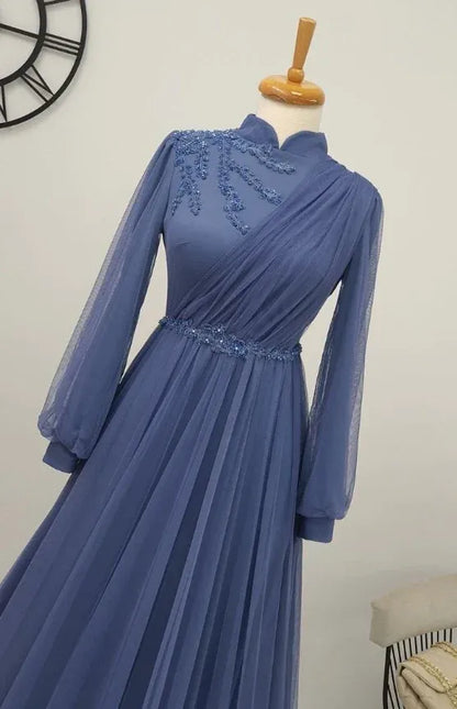 Elegant A-line Mandarin-Collar Long-Sleeve Beaded Periwinkle Maxi Prom Dress for Women Custom