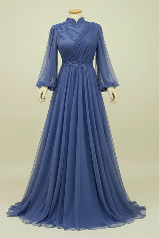 Elegant A-line Mandarin-Collar Long-Sleeve Beaded Periwinkle Maxi Prom Dress for Women Custom