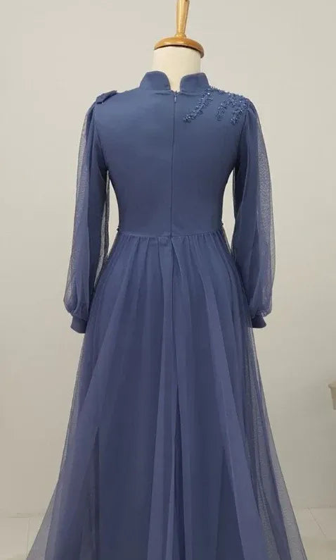 Elegant A-line Mandarin-Collar Long-Sleeve Beaded Periwinkle Maxi Prom Dress for Women Custom