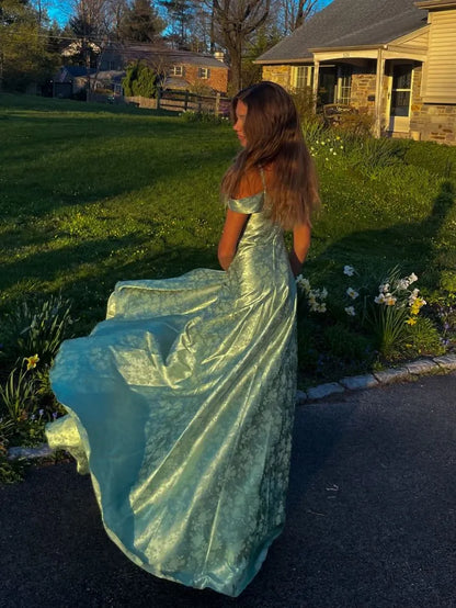 Elegant A-line Off-shoulder Patterned Mint Floor Prom Dress Ready To Ship