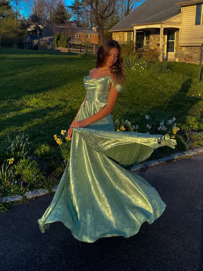 Elegant A-line Off-shoulder Patterned Mint Floor Prom Dress Ready To Ship