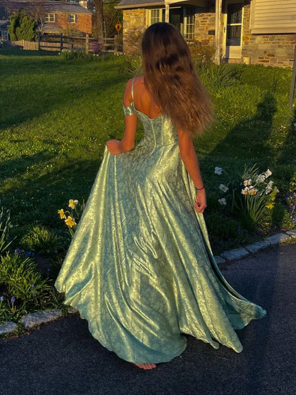 Elegant A-line Off-shoulder Patterned Mint Floor Prom Dress Ready To Ship