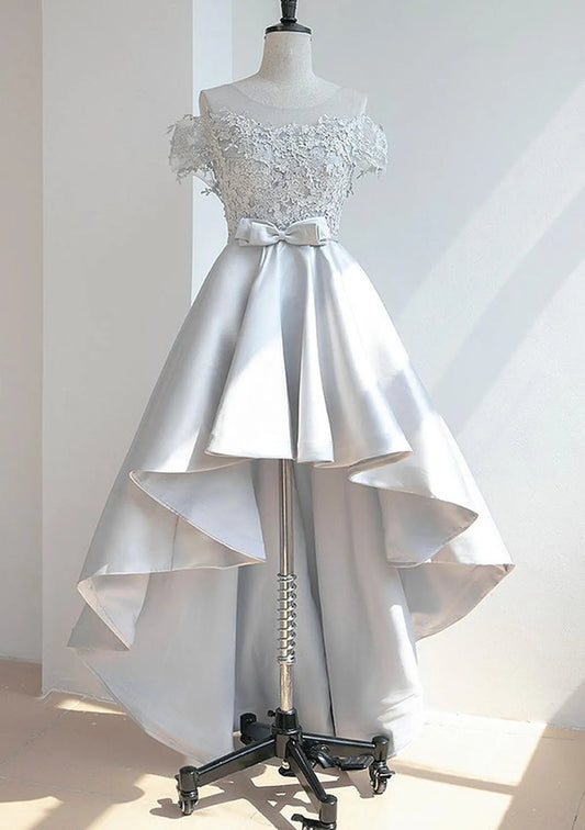 Elegant A-line Off-the-Shoulder Lace Satin Silver High-Low Evening Dress For Women