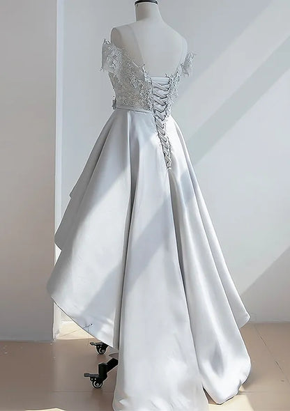 Elegant A-line Off-the-Shoulder Lace Satin Silver High-Low Evening Dress For Women
