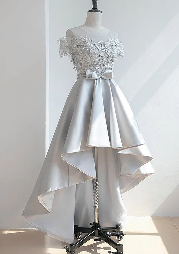 Elegant A-line Off-the-Shoulder Lace Satin Silver High-Low Evening Dress For Women