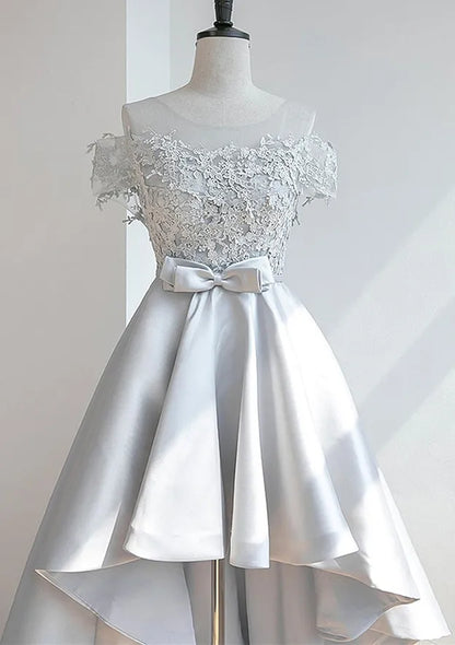 Elegant A-line Off-the-Shoulder Lace Satin Silver High-Low Evening Dress For Women