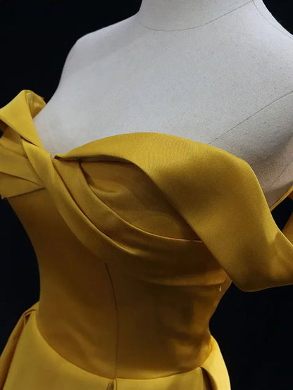 Elegant A-line Off-the-shoulder Short-sleeved Satin Mustard Yellow Maxi Prom Dress for Women Custom