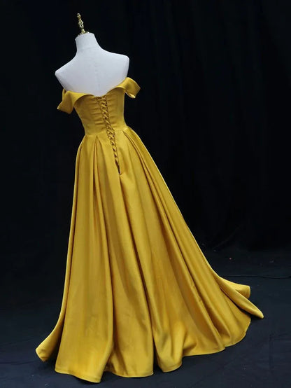 Elegant A-line Off-the-shoulder Short-sleeved Satin Mustard Yellow Maxi Prom Dress for Women Custom