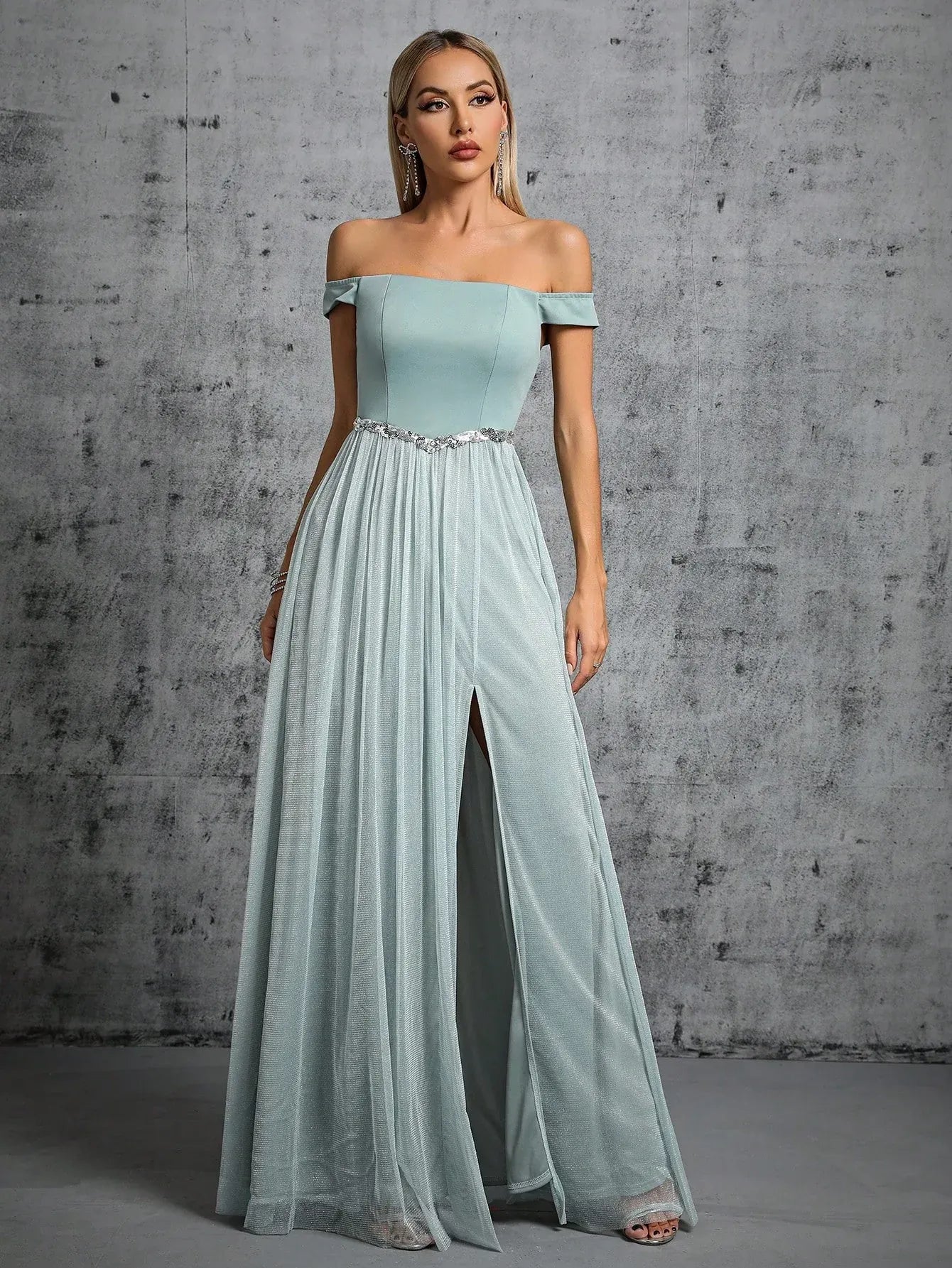 Elegant A-line Off-the-shoulder Sleeveless Beaded Mint Green Maxi Prom Dress for Women Ready to Ship