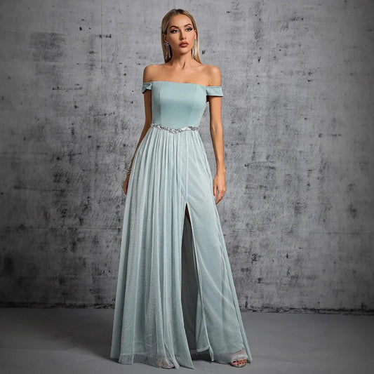 Elegant A-line Off-the-shoulder Sleeveless Beaded Mint Green Maxi Prom Dress for Women Ready to Ship