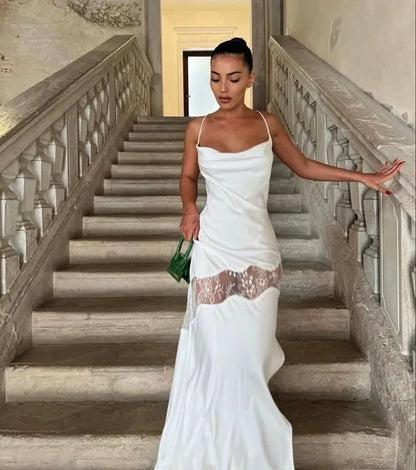 Elegant A-line Spaghetti Strap Lace Insert Crisscross Back Maxi Party Dress