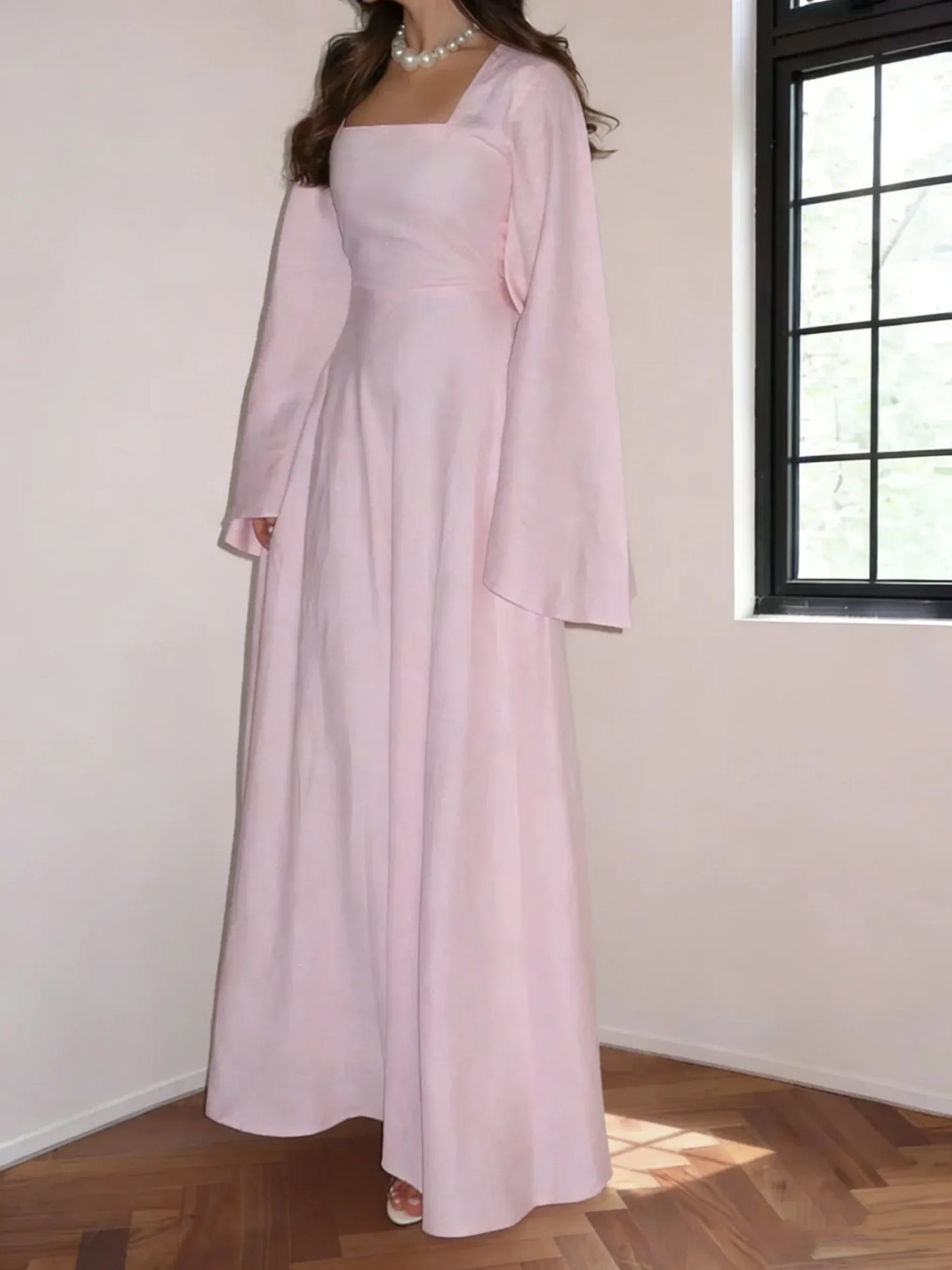 Elegant A-line Square Neck Bell Sleeve Satin Wedding Guest Dress