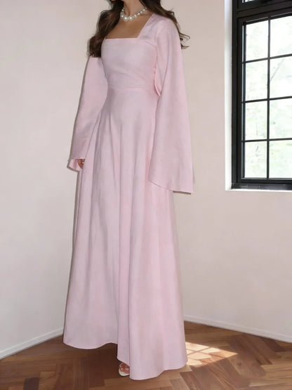 Elegant A-line Square Neck Bell Sleeve Satin Wedding Guest Dress