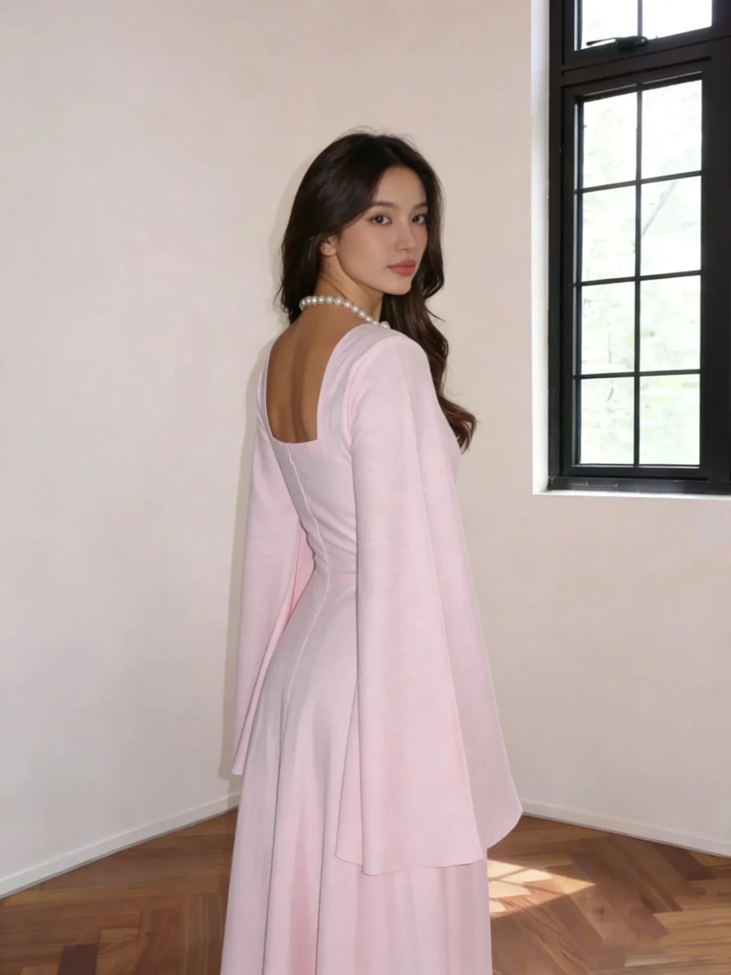 Elegant A-line Square Neck Bell Sleeve Satin Wedding Guest Dress