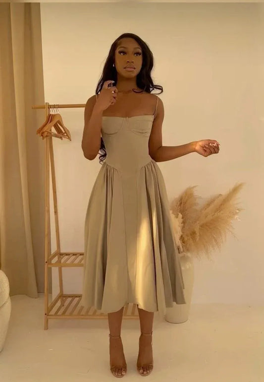 Elegant A-line Square Neck Sleeveless Pleated Satin Beige Midi Evening Dress